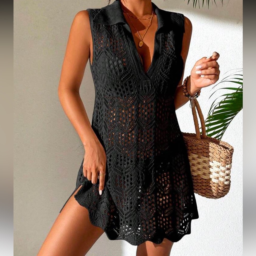 NWT Elegant Black Crochet Swim Cover-Up large